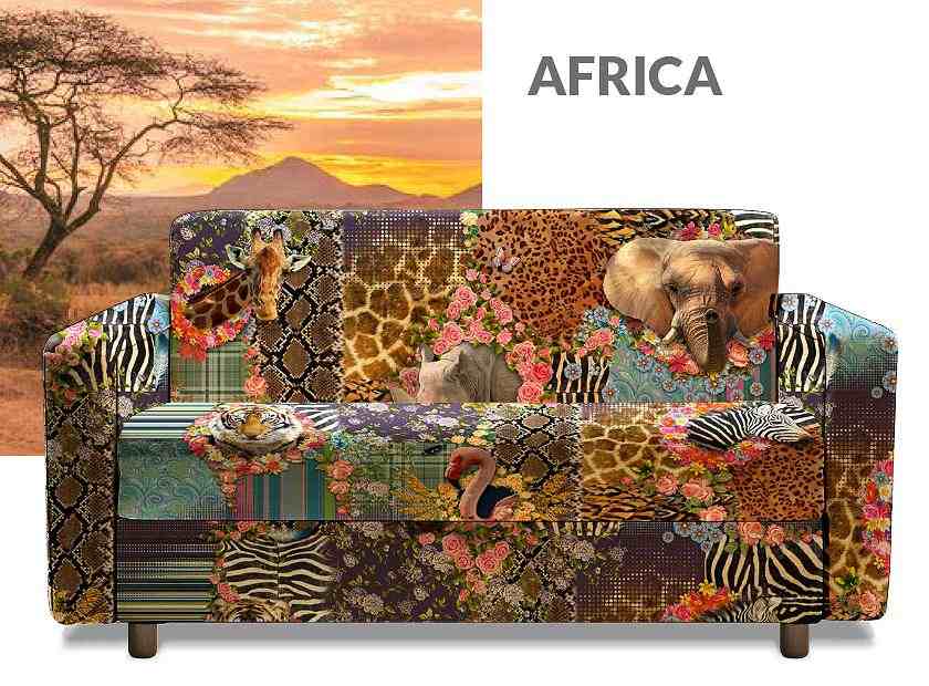 au�ergew�hnliches Sofa im Afrika-Look mit Giraffen, Tiger und Zebra-Fell